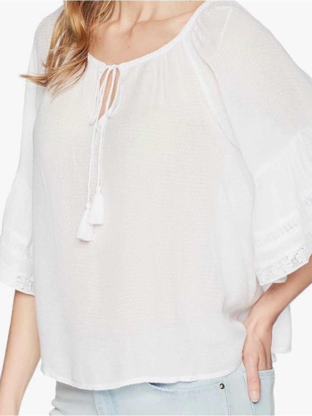 Ladies Lucky Brand White Bell Sleeve Classic Peasant Blouse Size S Pin Tucks Top